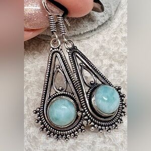 GREAT DEAL Genuine Larimar handmade artisan Silver Dangle Earrings 1.8”